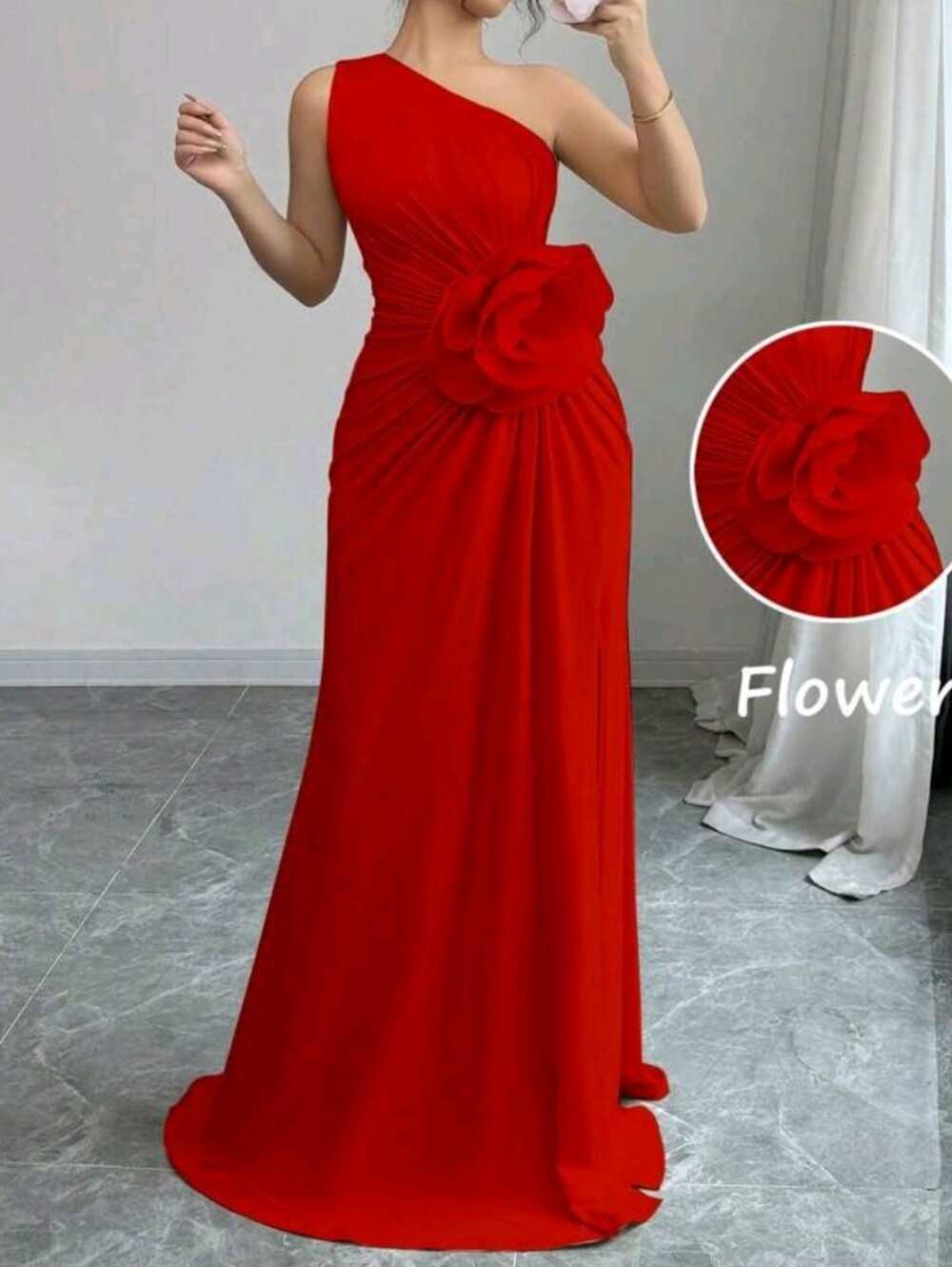 Red One-Shoulder Evening Gown with Floral Waist Detail
